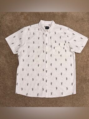 White SS Button-Up Shirt with All-Over Hula Dancer Print by Rip Curl size XL